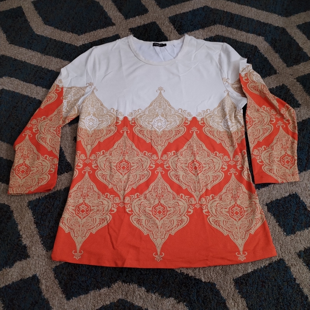 J. McLaughlin Orange and Cream Blouse Paisley Tops